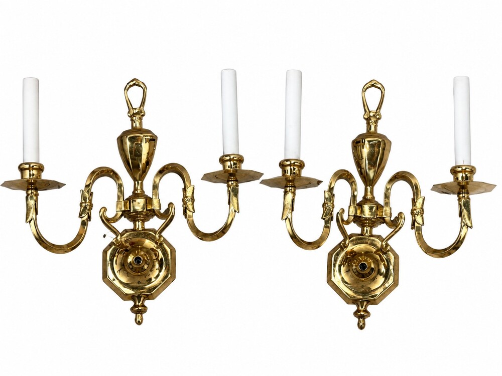 Pair of Vintage Plated Brass Double Light Wall Candelabra Sconce